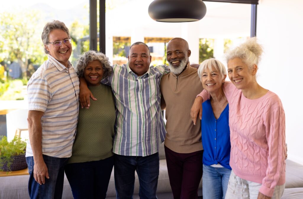 A group of friends living together in an assisted living community stand with their arms over each other’s shoulders