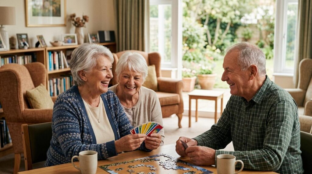 Smiling senior adult enjoying assisted living amenities in a warm, welcoming community setting.