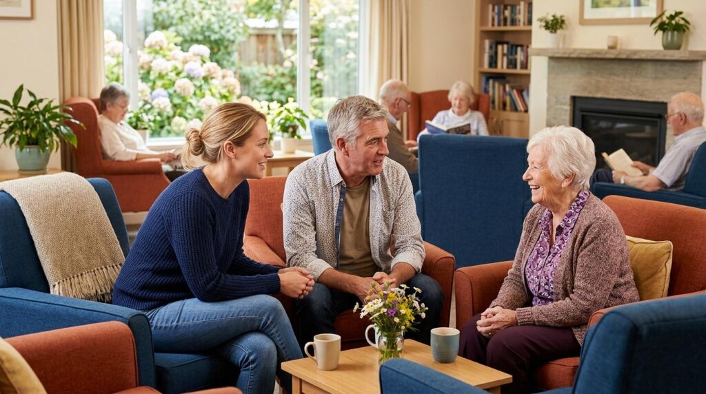 A senior person speaking with assisted living staff during a community tour at a warm, welcoming residence.