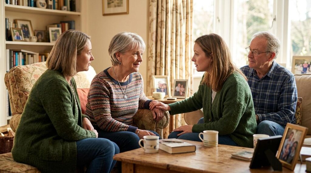 An older adult and a younger adult are having a warm, supportive conversation about senior living care options with their parents.
