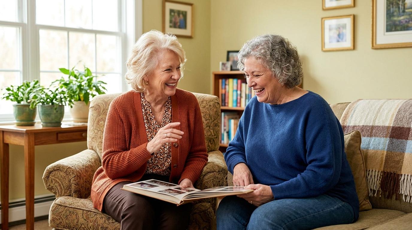 Smiling senior adult engaged in warm conversation with a friend, reflecting community connection and supportive living at The Legacy of Saint Michael.